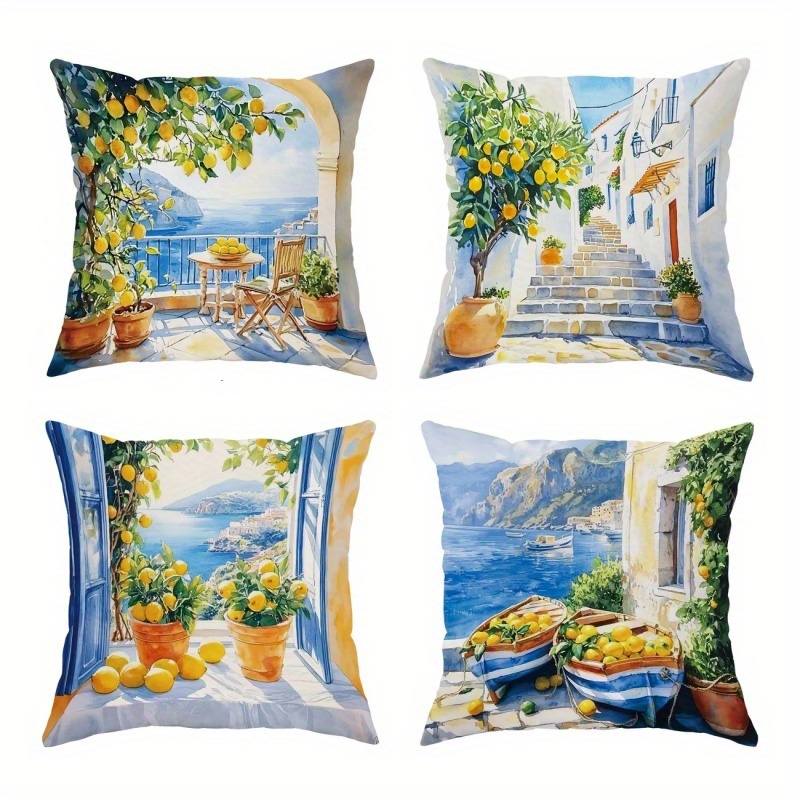 TEMU 4pcs Set, New Hot-selling Amalfi Landscape Themed Decorative Pillowcase Square, Fabric , Blue, And Yellow, Baroque Lemon Art Element Pattern