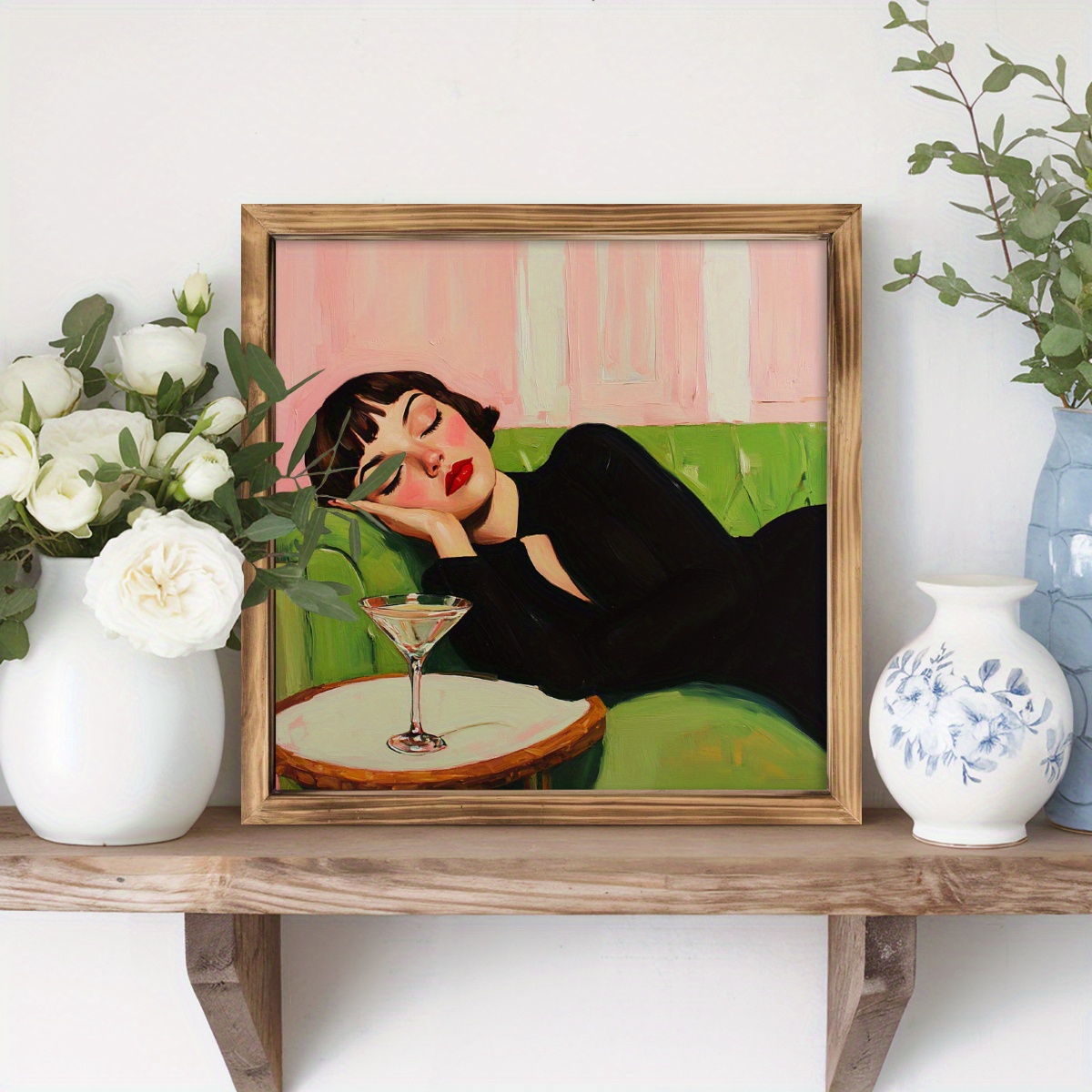 TEMU 1pc Elegant Sleeping Woman Wood Framed Wall Art - Rustic Farmhouse Decor With Vintage Style, 8x8 Inch, Bedroom, Living Room, Kitchen, Bathroom -