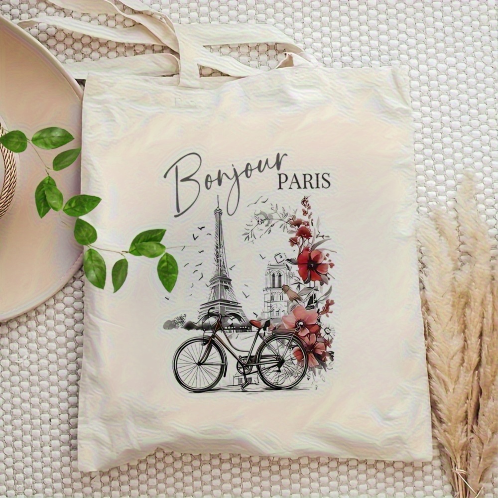TEMU 1pc 2d Flat Printing Paris" Parisian-themed Tote Bag- Large Capacity, Durable Stylish Shoulder Bag With , Bicycle , Perfect For Shopping, Daily