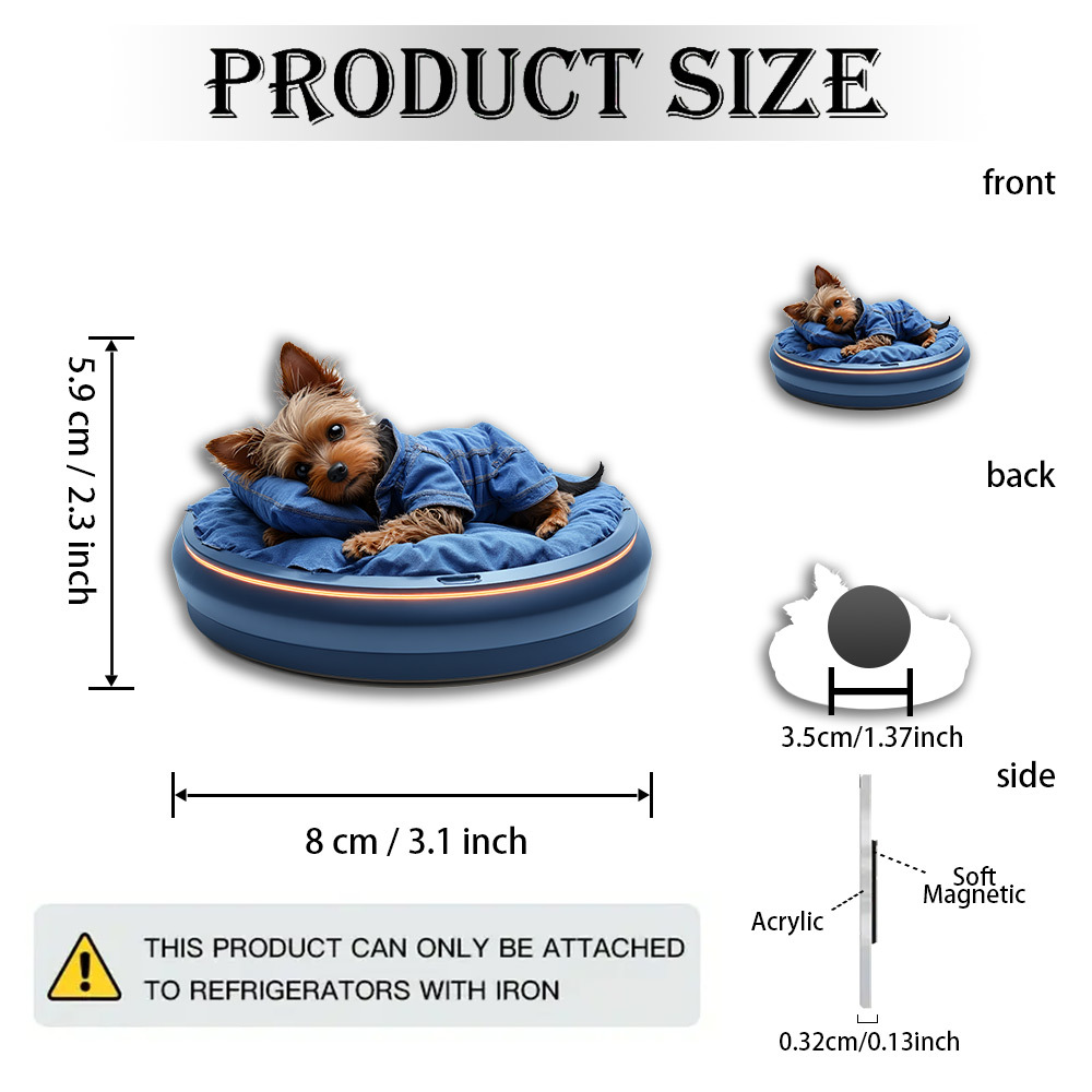 TEMU 1pc Adorable Yorkshire Terrier Magnet Suitable For Dog Lovers - Cozy Futuristic Puppy Retreat With Striped Shirt & Glowing Bed - Acrylic Decor
