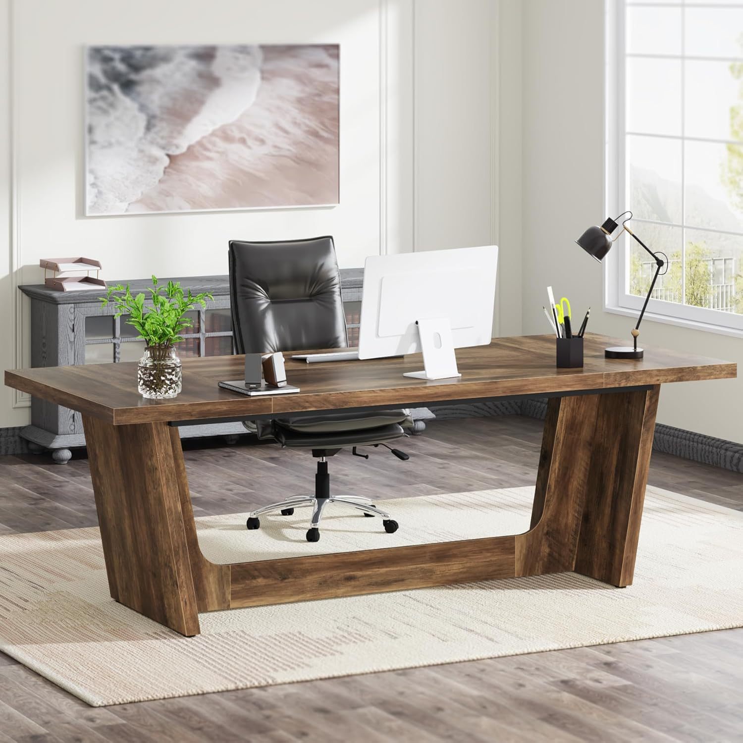 70.87 Inch Executive Computer Desk, Industrial Study Writing Table, Large Home Office Desk With Solid En Pedestal, Workstation Business Furniture, Designed
