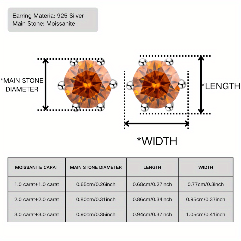 Unisex 1/2/3ct Moissanite Stud Earrings, Rhodium-Plated