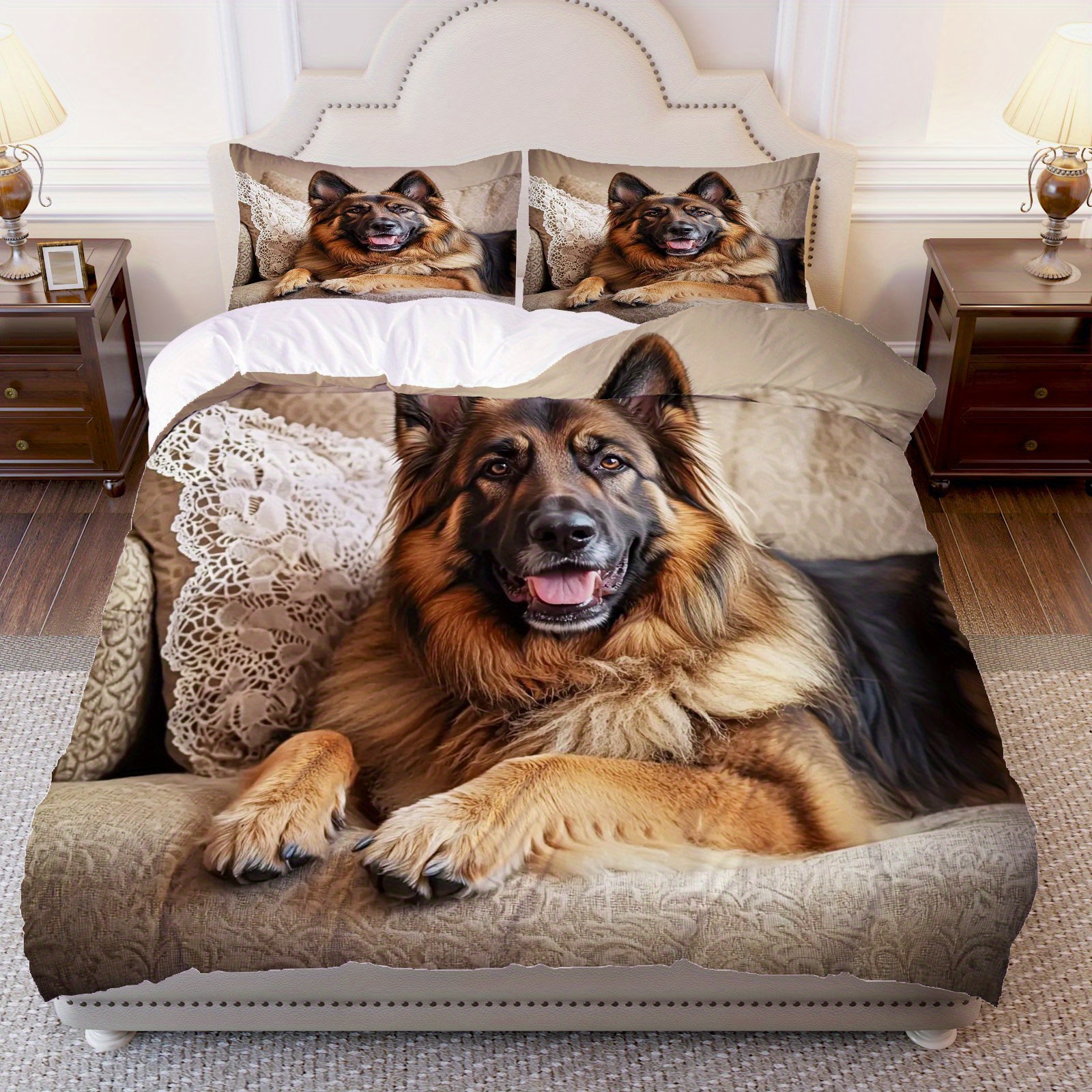 E-shop 3-teiliges Set mit einem Deckenbezug im German Shepherd-Design, bestehend aus 1 Bettbezug und 2 Kissenbezügen, ohne Daunenfuton. Diese