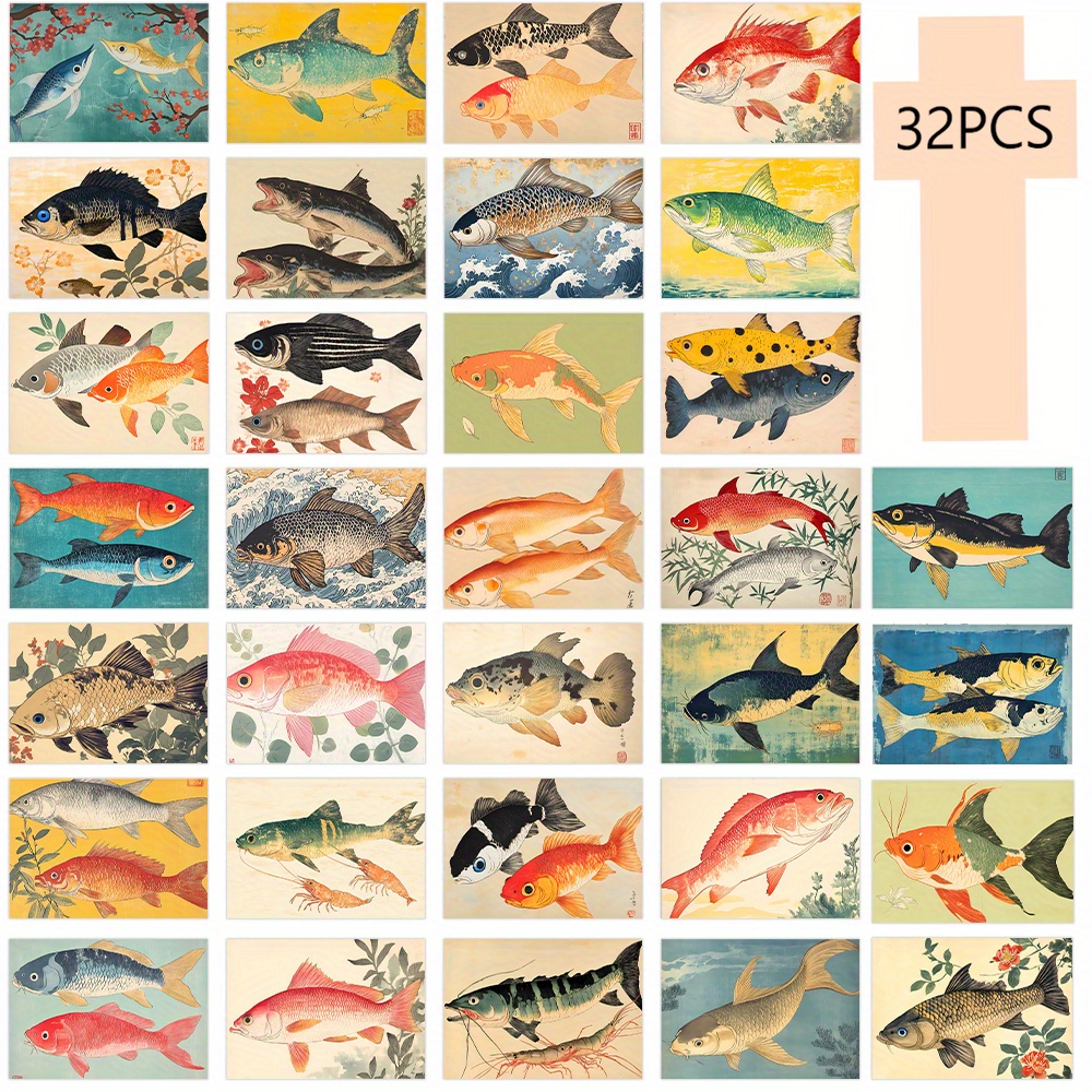 E-shop 32 Vintage-Japanische Postkarten im -E-Stil, für von Fischliebhabern, ideal als Geburtstags- oder Gedenkgeschenke, Wohnzimmer-Dekokarten und