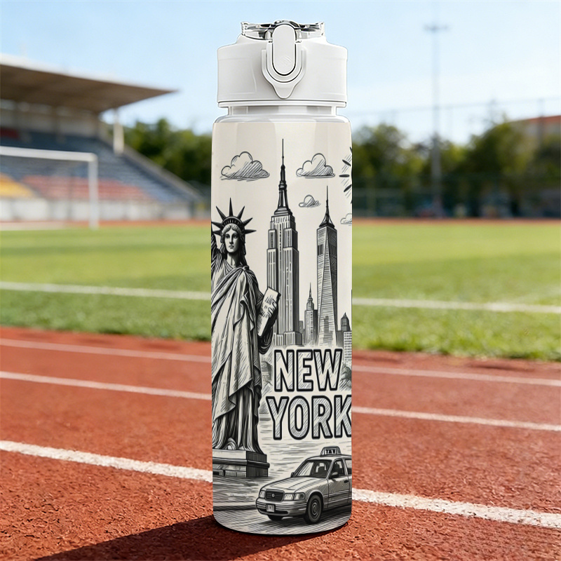 TEMU Bouteille d'eau en plastique imprimée en 2D de 25 oz (750 ml), couvercle à paille Pop Top et dragonne, tasse à Vue style de avec la Statue de ,