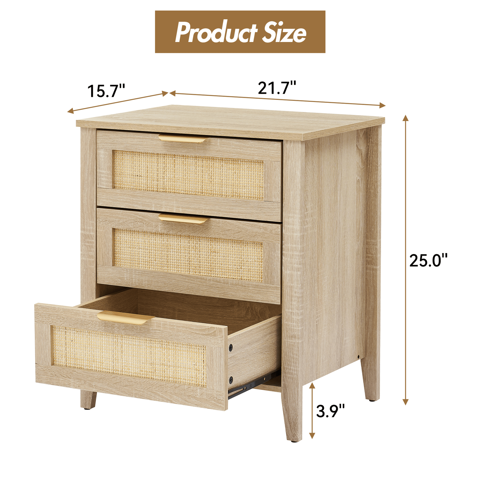 Image of Modern Rattan Bedside Table With Wicker Drawers, Sturdy Legs, For Bedroom And Living Room