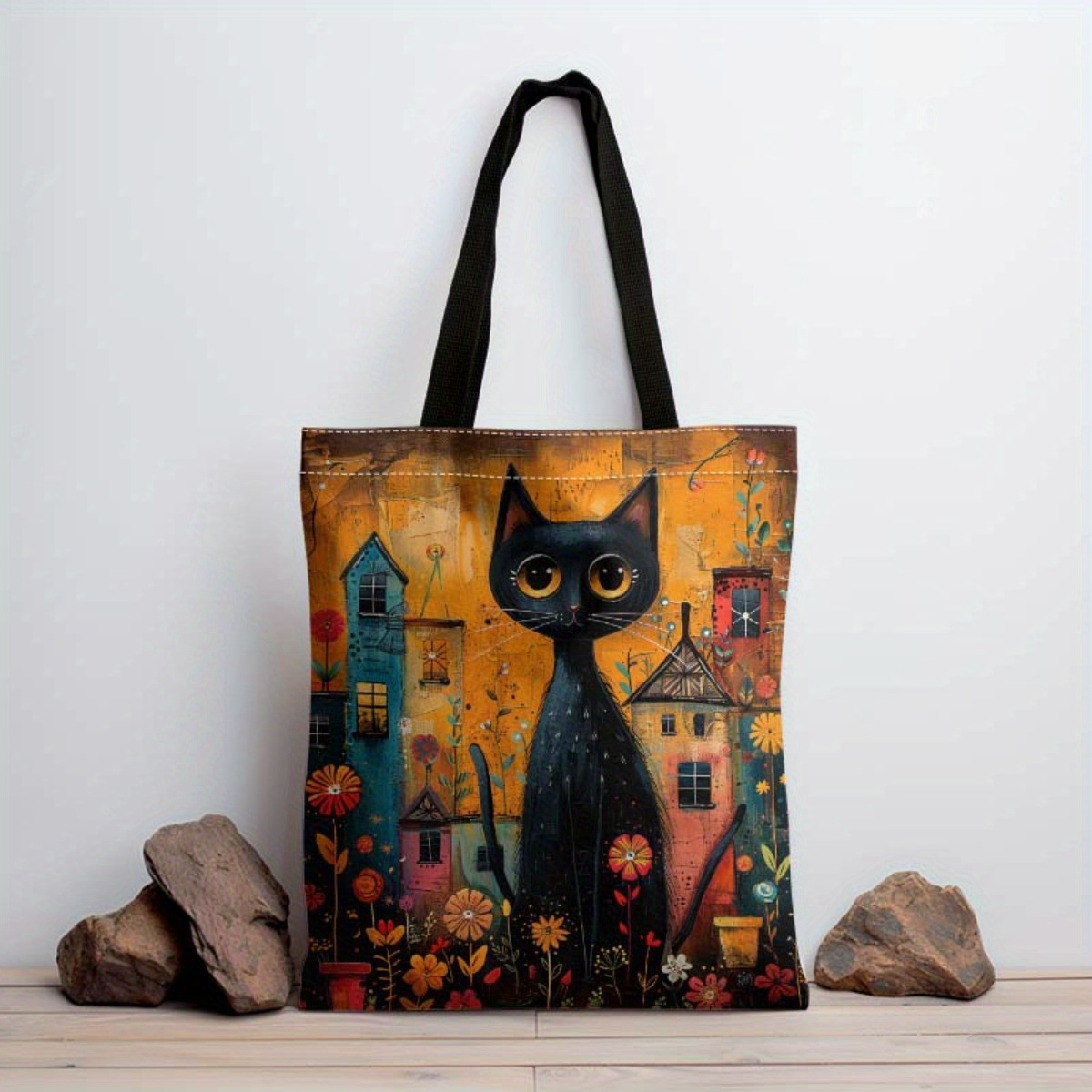 TEMU 1pc Whimsical Cityscape & Black Cat Canvas Tote Bag - Vibrant Street Art Design, Large Capacity Portable Shoulder Bag With Top Handle, Machine