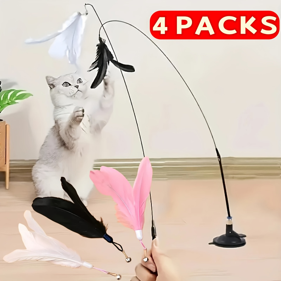 4pcs cat feather   bells toy including 1 cat teaser stick 3 different color simulated artificial feather stick replacement head powerful suction cup base no battery required suitable for all   for interactive cat games