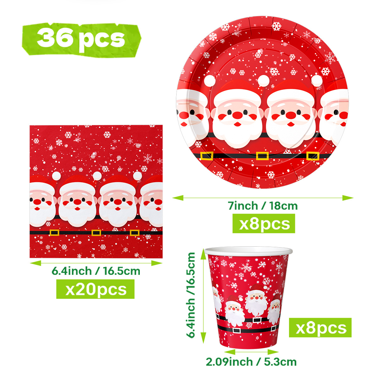 TEMU 36pcs Set Of Red Background Multi-head Santa Claus Christmas Paper Plates And Napkins, (8pcs 7-inch Paper Plates And 8pcs Paper Cups And 20pcs