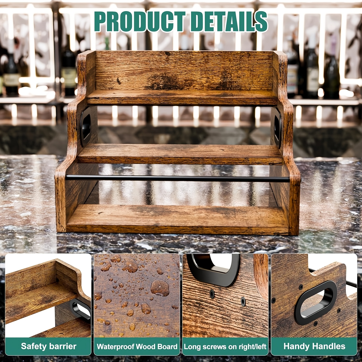 Solid Wood Liquor Bottle Display Shelf, Coffee Syrup Rack Organizer, 3 Step Countertop Liquor Wine Rack, Bar, Liquor Cabinet, Home Bar Shelf Stand for Liquor Whiskey, Spirits, Spice Rack