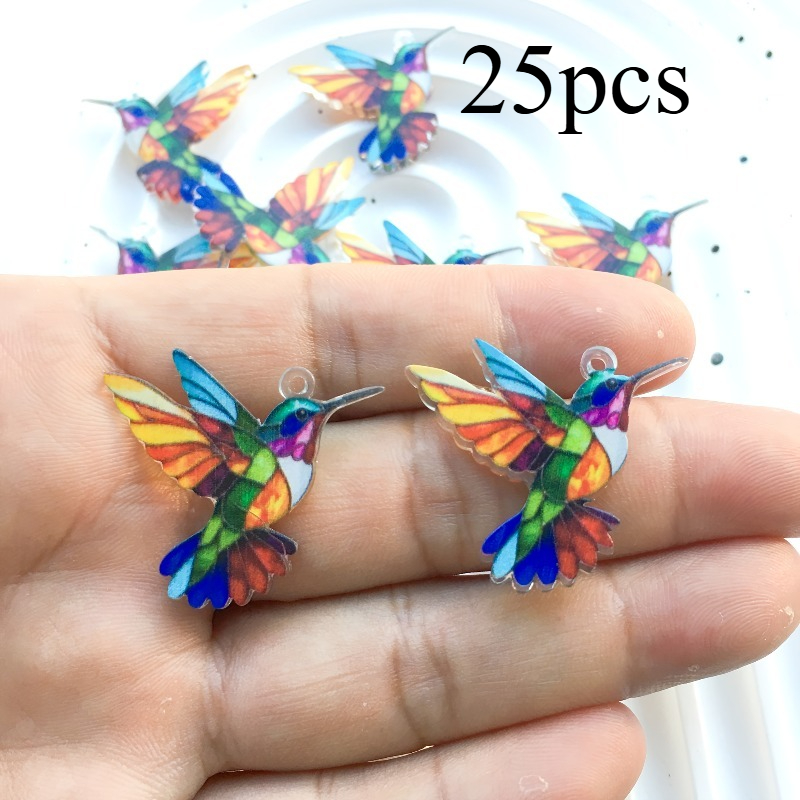 TEMU 2d Flat Design, 25pcs Bohemian Style Hummingbird Pendants - Colorful Acrylic Bird-shaped Additions, Suitable For Women's Jewelry Making,