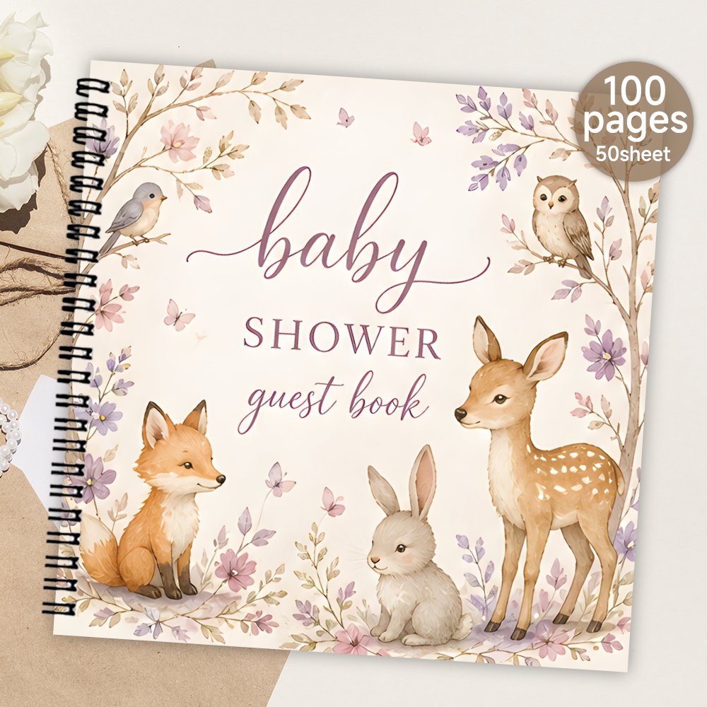 TEMU 1pc Spiral Guestbook, Woodland Animals Baby Shower Guest Book Blank Page Guest Sign In Book Message Signature Book Souvenir Album Memory Book