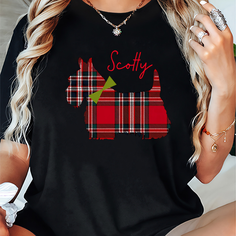 

T-Shirt Femme "" Scottish Terrier - Tee-shirt Noir Décontracté à Col Rond et Manches Courtes avec Accent à Carreaux Rouge & Vert, Mélange de Polyester Extensible, Lavable en Machine