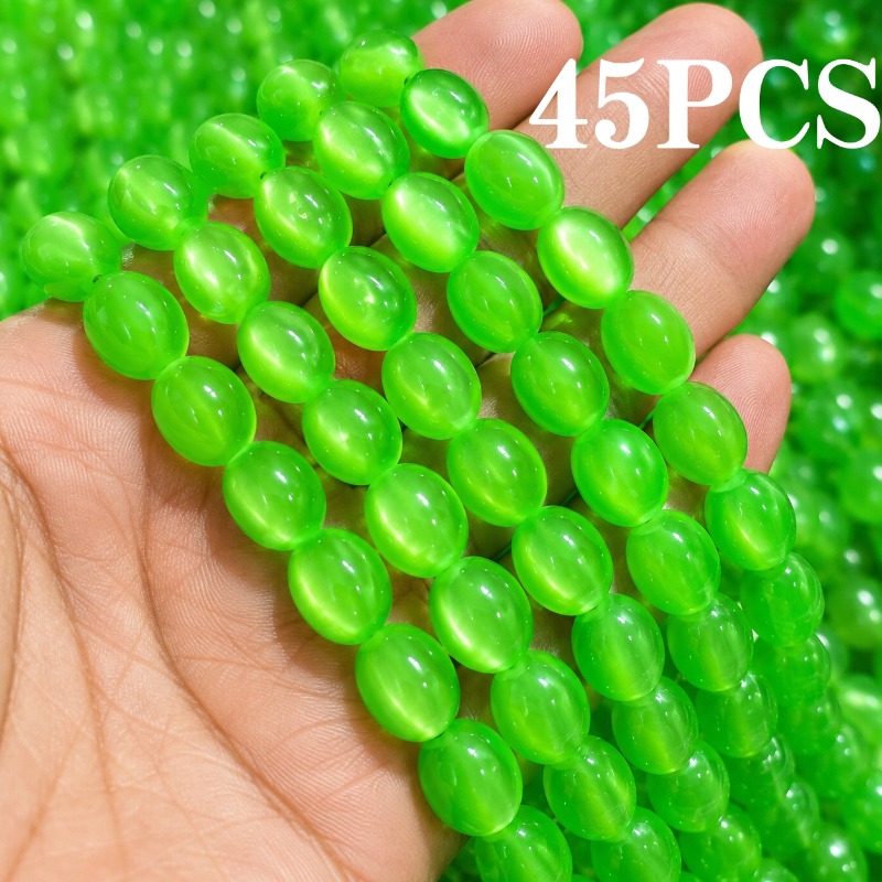 TEMU 45 pièces Perles Ovales en Verre Œil de Chat Vert Fluorescent, Matériaux de Bricolage pour Bijoux, Perles de Bricolage pour Bijoux, Bricolage