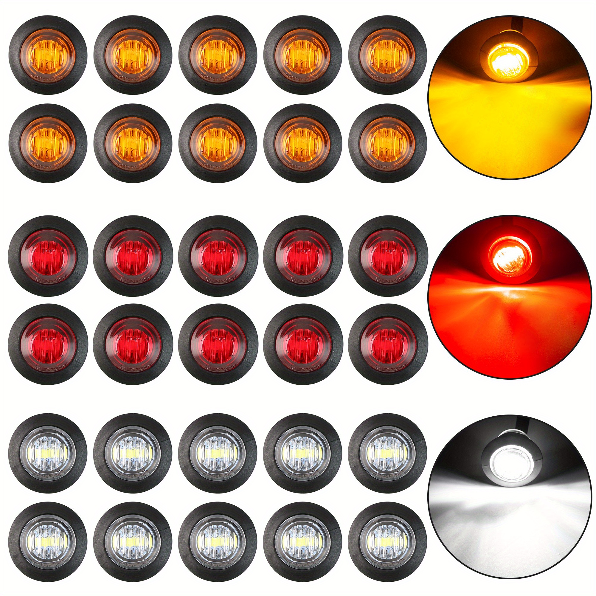 TEMU 30pcs (10 Amber, 10 Red, And 10 White) Universal Dc12v Round Led Light Flush Mount Side Marker Lamp Indicator Lights, Without Battery