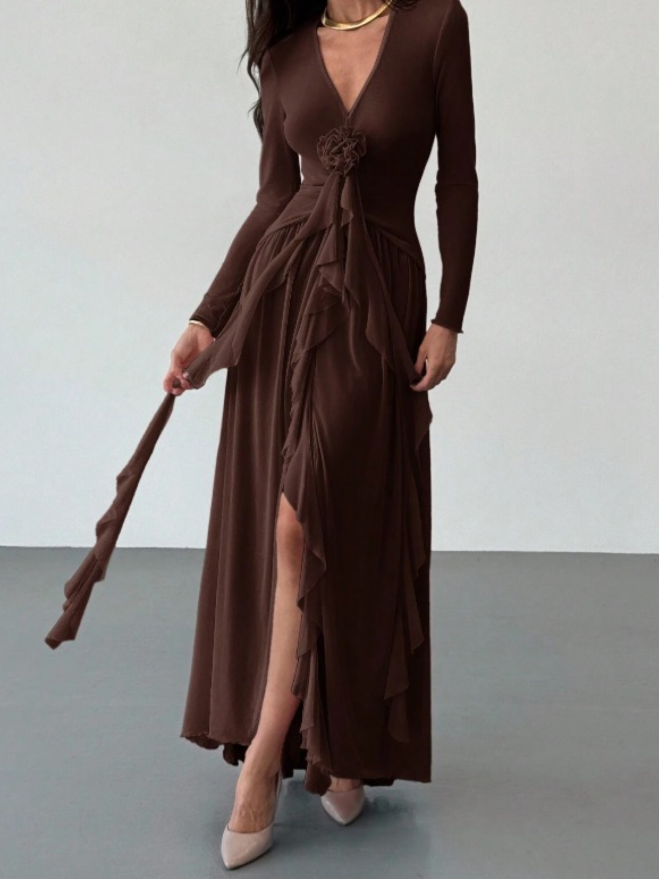 chinese dress ladies Brown Jersey Shiny Lace Long Sleeve High Neck Prom Dresses ,PD00301 –  AlineBridal