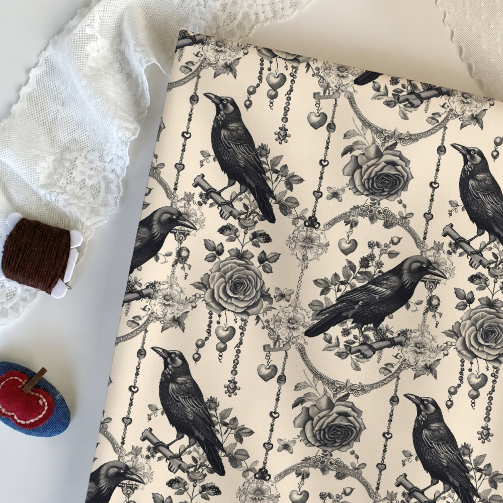 TEMU 1pc Gothic Crow Rose Floral Pattern Printed Fabric, Available, Soft Comfortable Elastic Polyester Handcraft Fabric, Suitable For Quilting, Pet