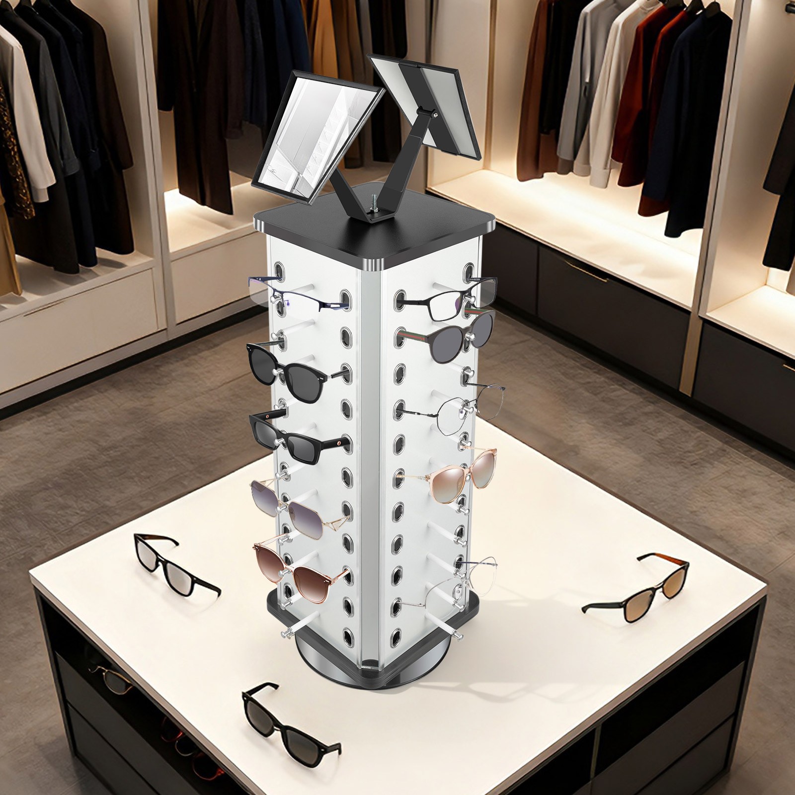 44 Pairs Rotating Eyeglasses Display Stand With 2 Mirrors 86cm Large Capacity Freestanding Sunglass Holder For Shops