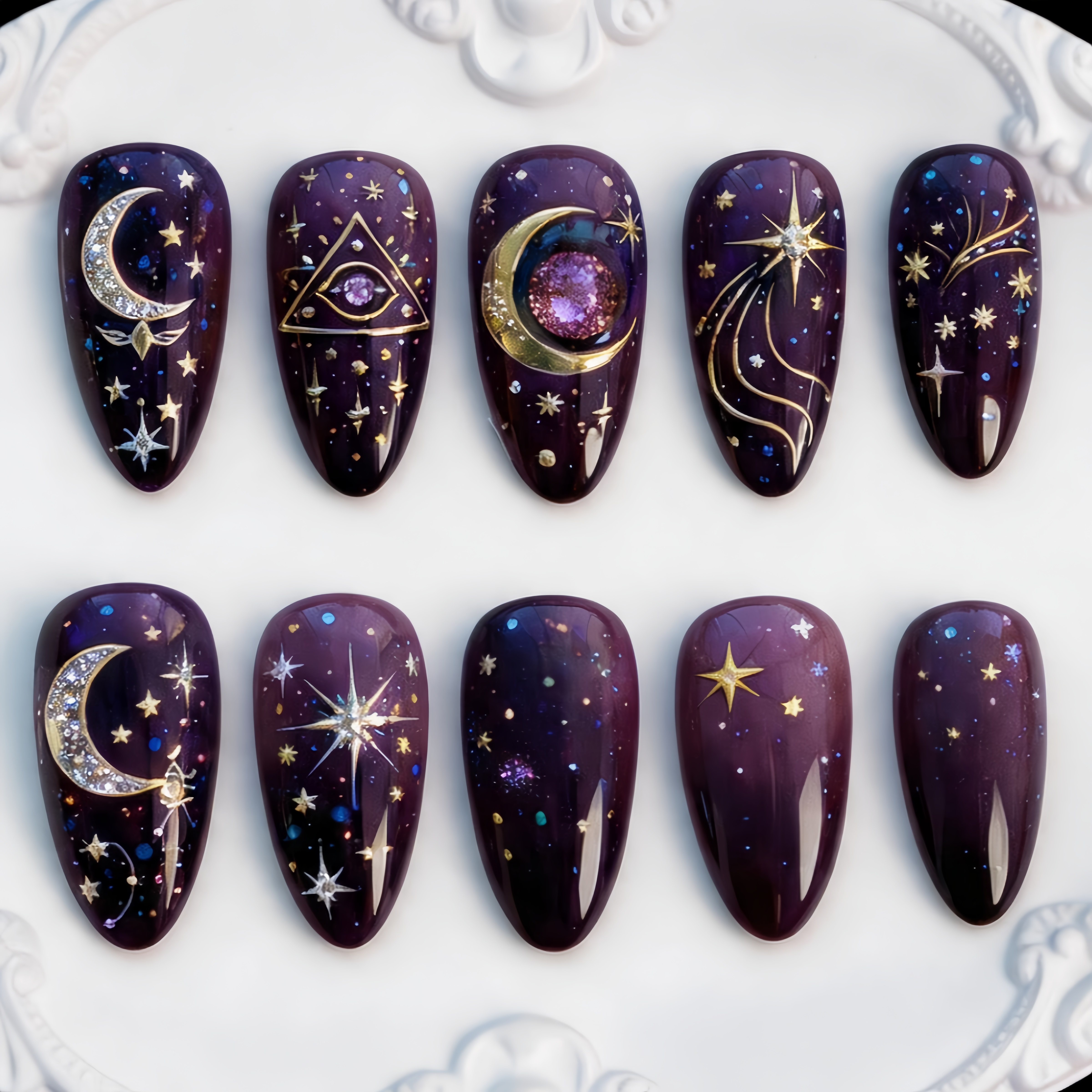 TEMU 10pcs 3d Stereoscopic Relief Gilded Purple-blue Starry Sky Press-on Nails, Medium Almond Shape Glossy Fake Nails, Mysterious Star And Nail Art