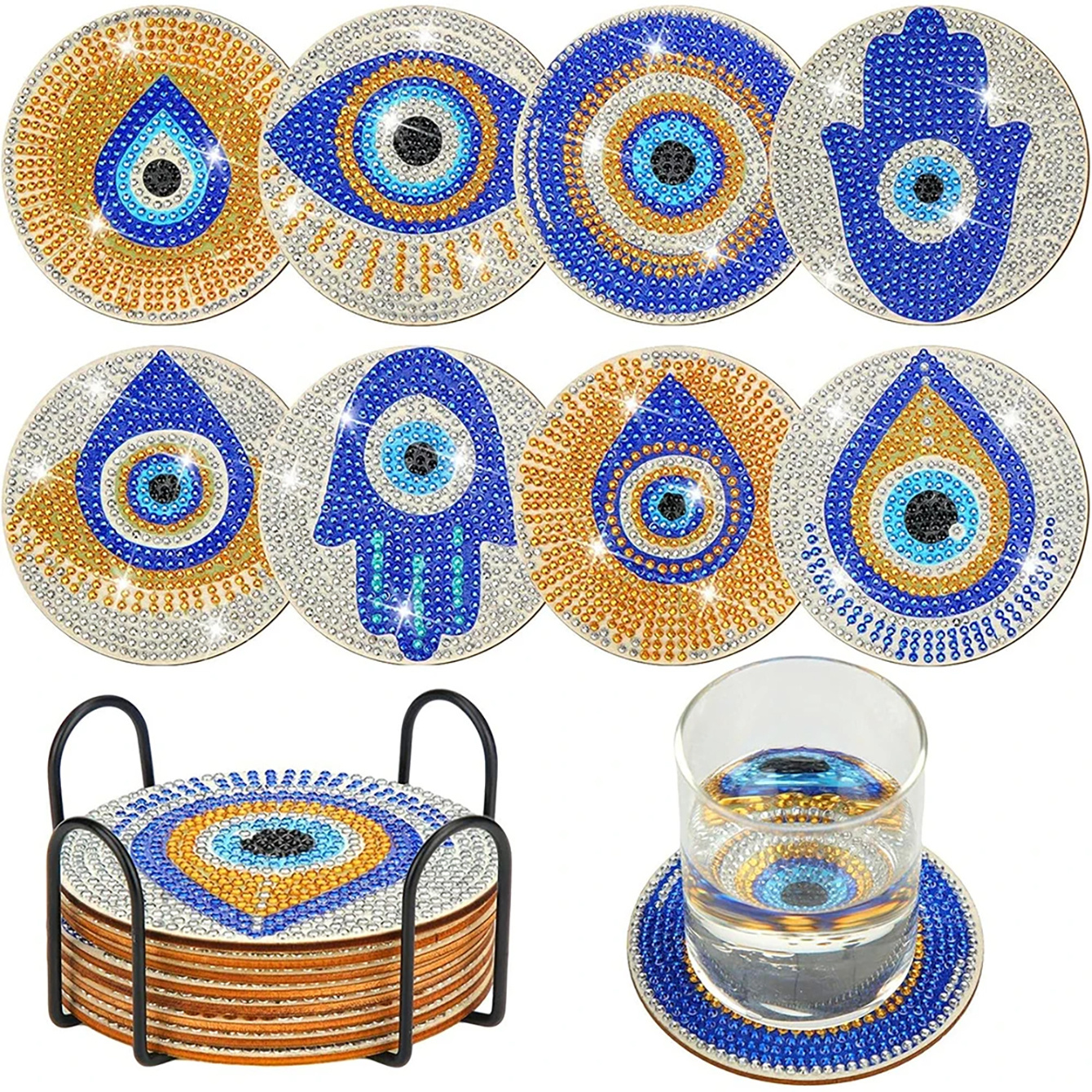 

Set Of 8 Diamond- Coasters, Diy Insulated And Non-slip Coasters Featuring Eye Designs And Brackets, Arts And Crafts.