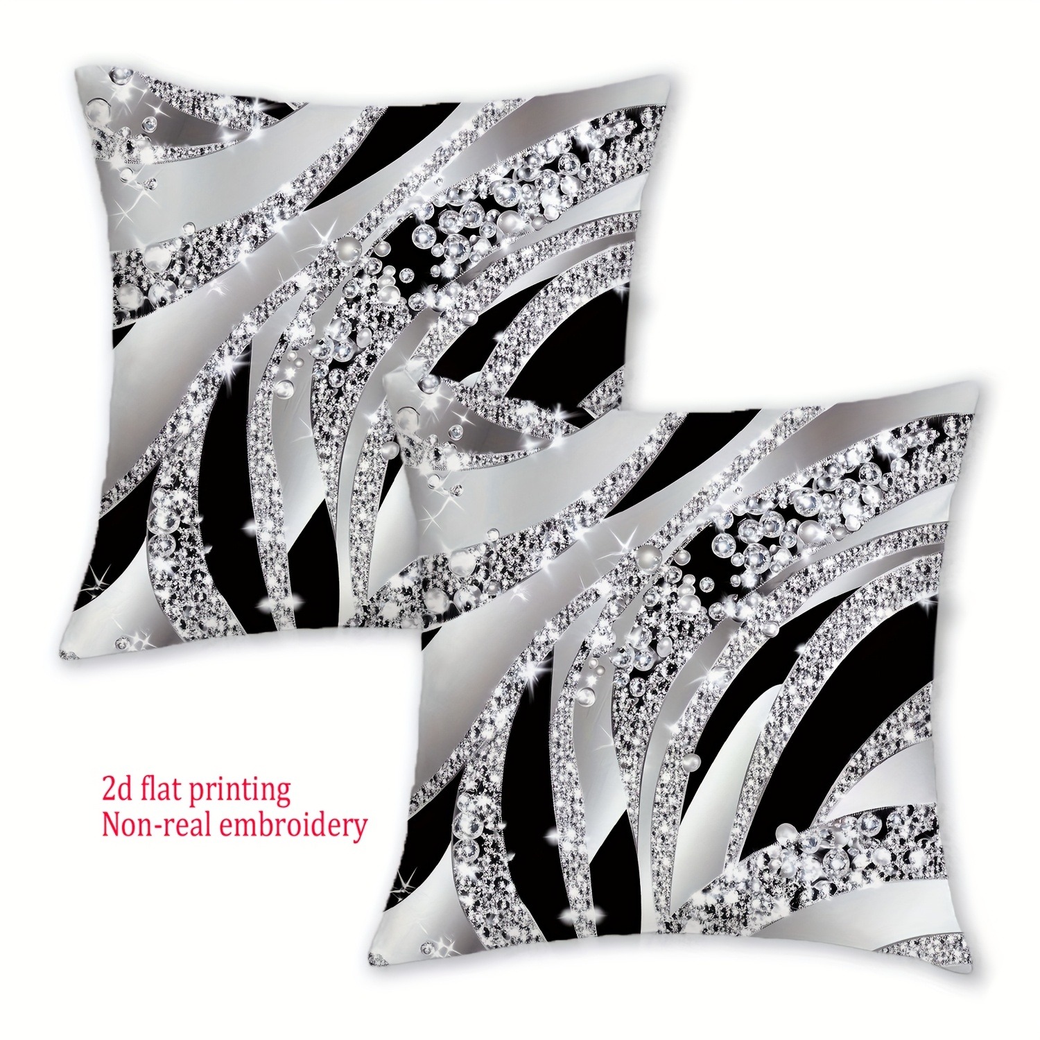 TEMU 2pcs Black And White Rhinestone Pillowcases, In Multiple Sizes, 2d Flat Printing , Single-sided Print, Pillow Inserts Not Included, Embroidery.