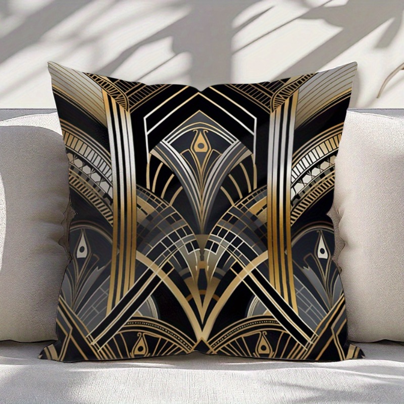TEMU 1pc Gold Plated Art Pattern #13 Double-sided Geometric Print Pillowcase - 18x18 Inch Luxury Polyester Cushion Cover, Zipper Design, Machine