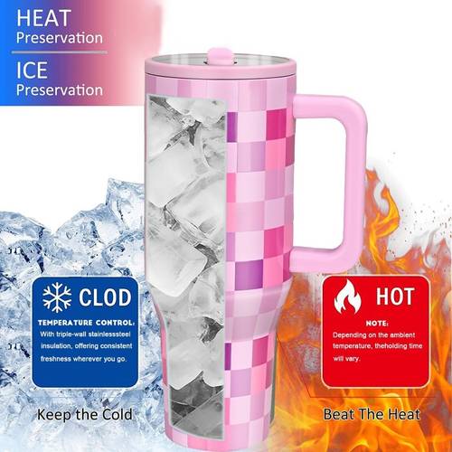 40oz insulated stainless steel tumbler with handle flip straw leak resistant vacuum sealed travel mug for hot cold drinks purple check design gift beverage container stylish mug durable drinkware