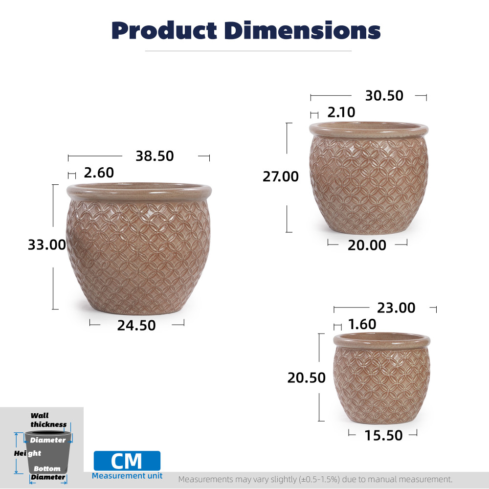 Handmade Ceramic Flower Pot Set, 3pcs (Diameters 38.5/30.5/23Cm), Light Beige, Decorated with Coin-Pattern Relief, Breathable, Frost-Resistant, with Drainage Holes at The Bottom, Suitable for Gardens And Balconies. gardening gift home decor