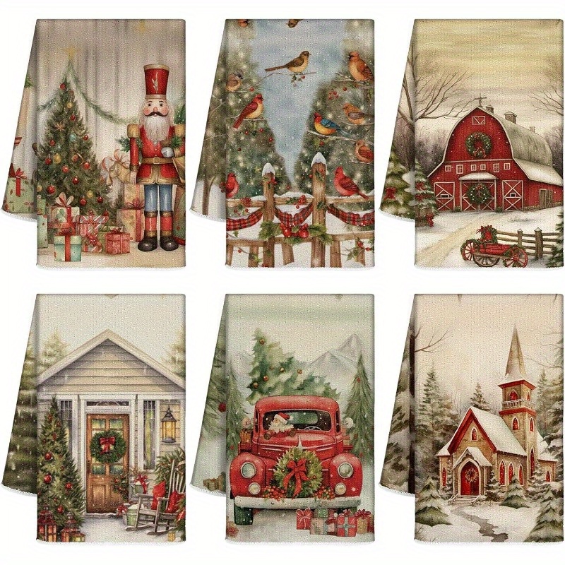 

6-pack 18x26inch Vintage Christmas Kitchen Towels, Polyester Dish Towels With Nutcracker, Truck, House Designs, Soft Modern Fabric, Machine Washable, Home, Bathroom, Holiday Housewarming Gifts