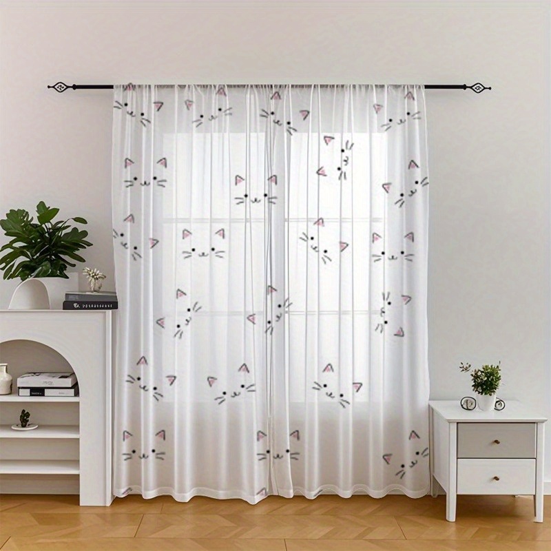 TEMU Set Of 2 Cat Face Printed Sheer Curtains, Featuring Adorable Cat Designs That Add A Fun Atmosphere, Suitable For Decorating Kitchens, Bathrooms,