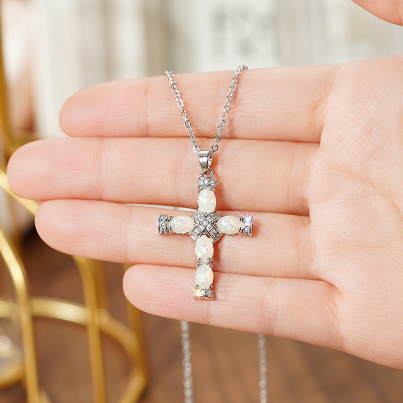 Women's S925 Silver Classic Cross Pendant Necklace with Synthetic Opal