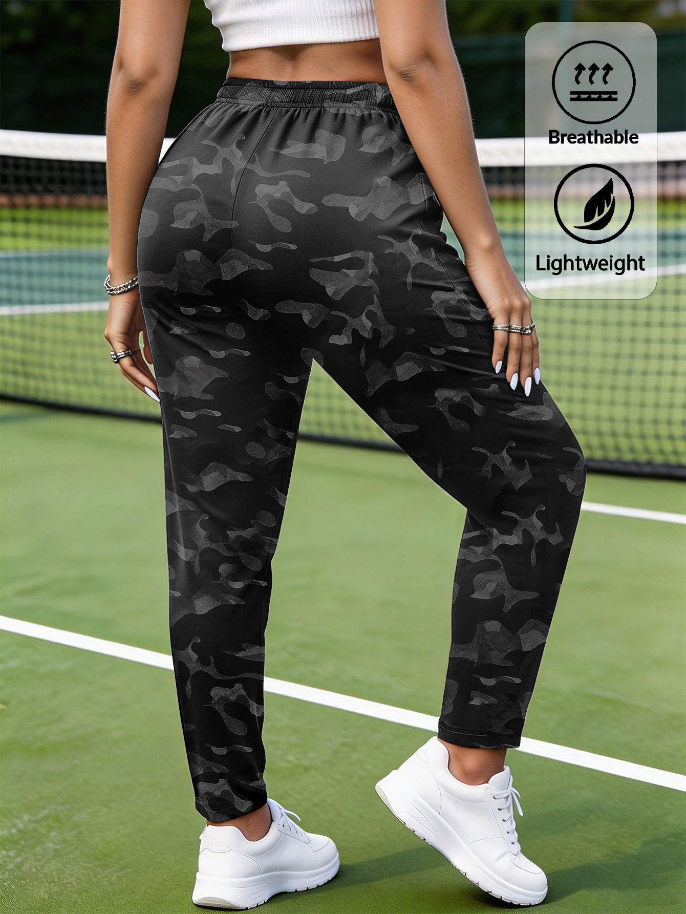 Pantalon Camouflage Femme Pantalon stretch décontracté camouflage à séchage rapide pour femmes, taille à cordon de serrage avec poches zippées double face, pantalon léger et confortable toutes saisons pour usage quotidien et extérieur