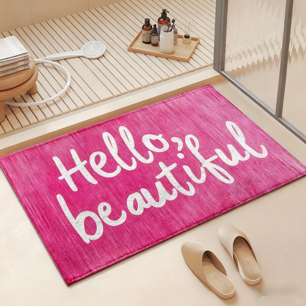 TEMU 1pc New "hello, Beauty" Flannel Door Mat - Machine Washable Pink Decorative For Kitchen Floor Decoration | Fashionable Home Decor, Machine