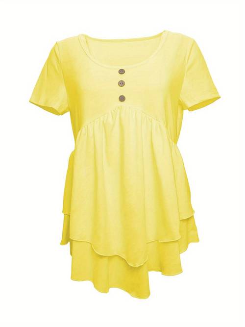 solid color crew neck t shirt casual short sleeve button front flare tiered top for spring summer womens clothing