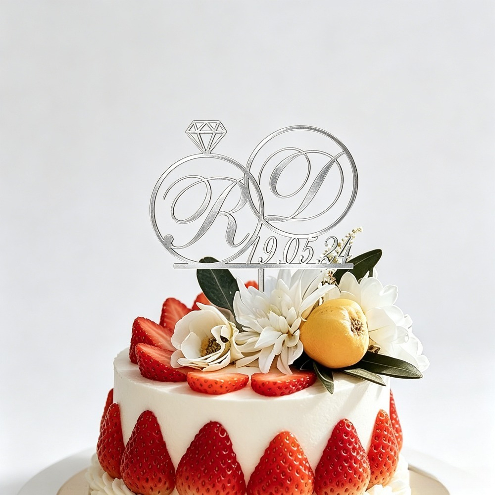 TEMU 1pc Personalized Initial Cake Topper, Made Of Acrylic Material, Available In A Of Colors, Featuring A Name Initial And Date, With An Elegant