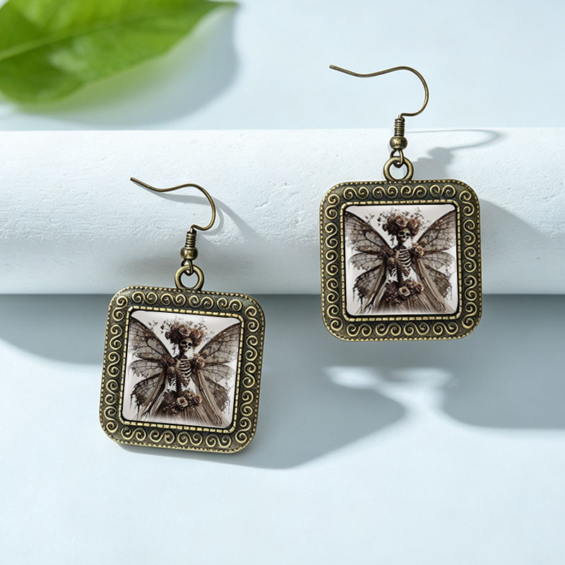 Gothic Vintage Glass Dome Butterfly Wing Dangle Earrings