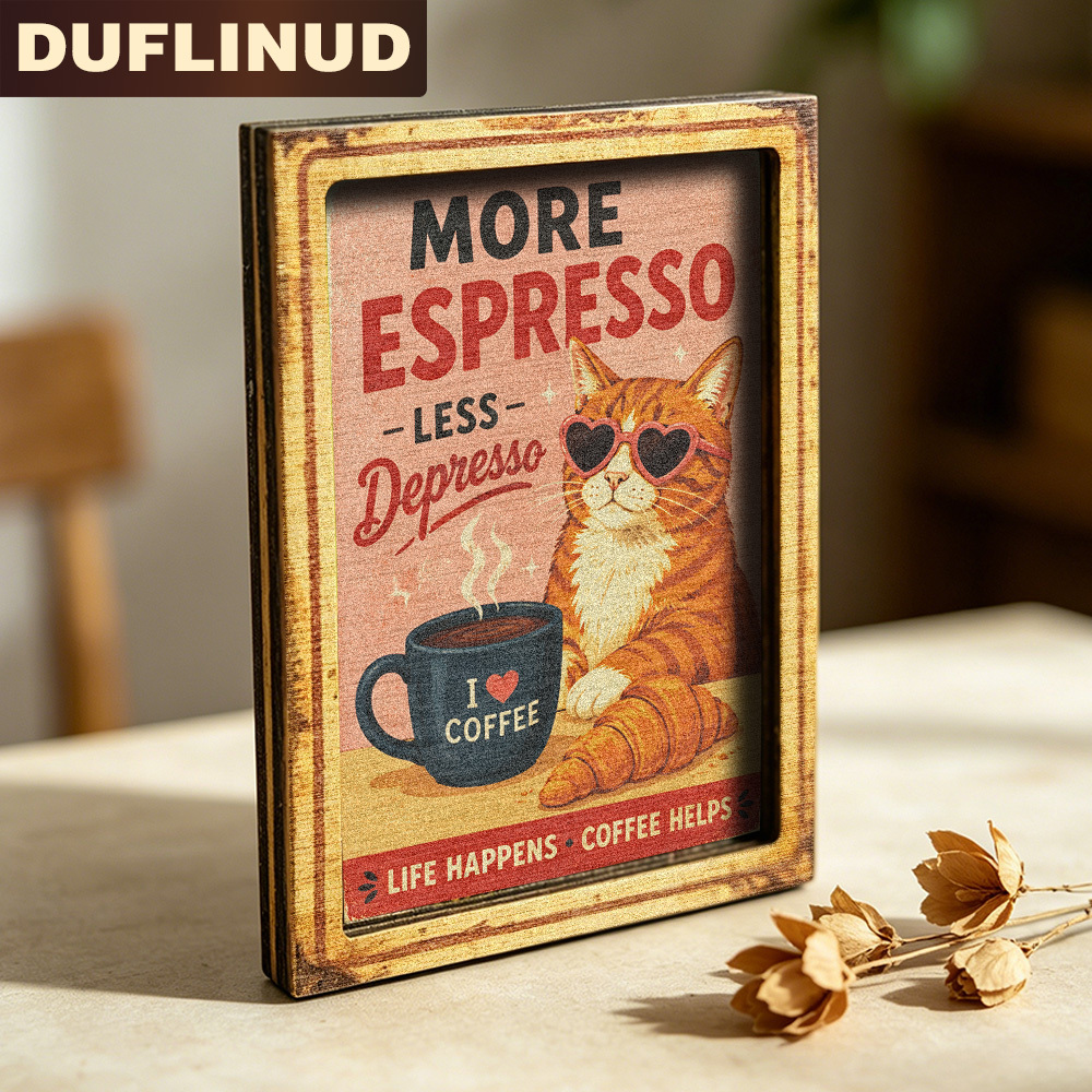 TEMU Cat Fridge Magnet, Mini Decorative Sign Retro Style Wearing Heart-shaped Sunglasses Design, With Coffee And Croissant Patterns, Wooden Fridge