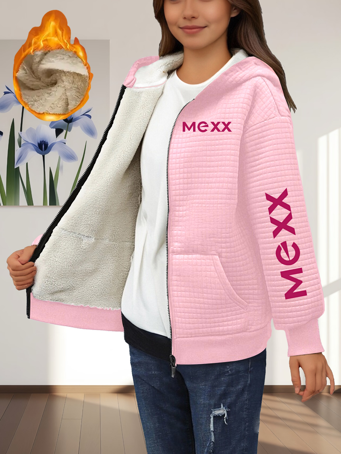 MEXX Dames Roze & Geometrische Print Volledige Rits Hoodie Jas