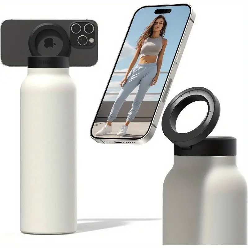 24oz stainless steel vacuum insulated water bottle with magnetic phone holder 360 rotating tripod mount 12h hot 24h cold travel mug for hiking gym office cycling ivory black outdoor hydration durable details 1