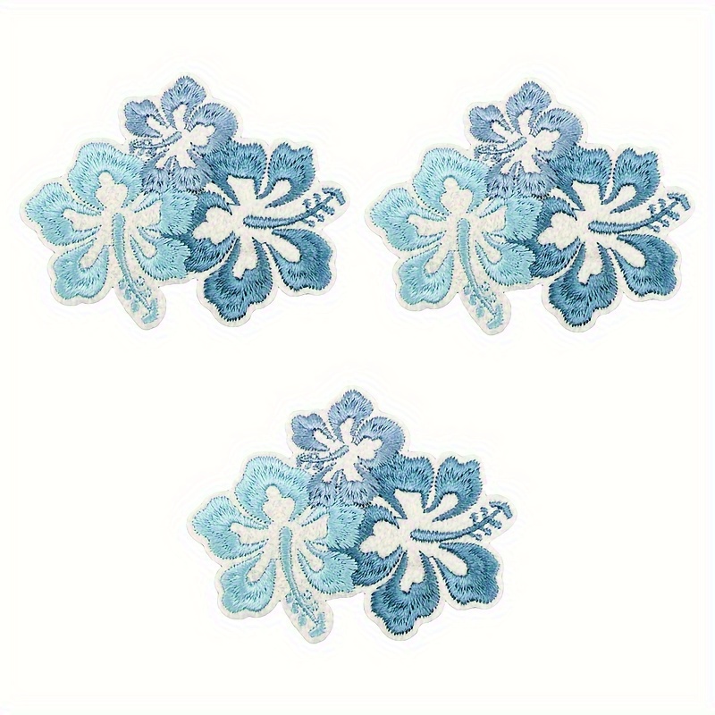 E-shop Kunstwerke, Handarbeiten und Nähzubehör - Botanische Stickerei Aufbügler 3 Stück - Blaue Blumenapplikationen für Denim Jacken Reparatur, Boho