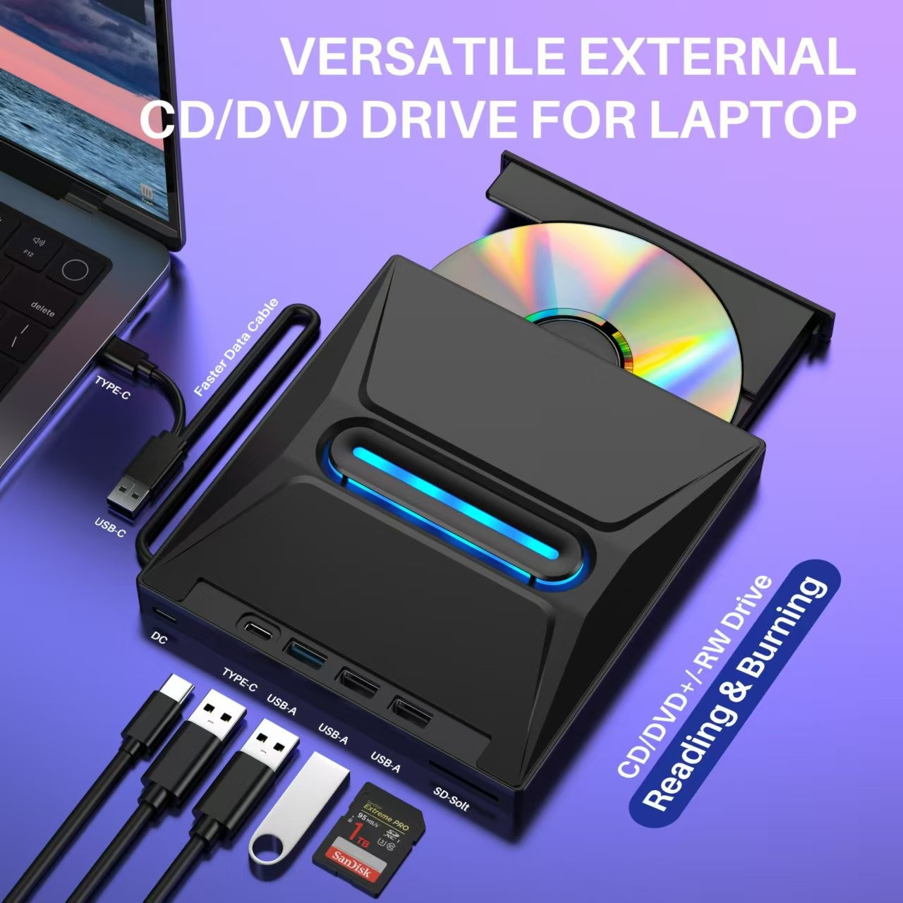 TEMU Portable Usb 3.0 Cd/dvd Drive: Sd Card Reader, Dvd/cd-rw, Compatible With Laptops/desktops/gaming Consoles - Data Backup & Movie