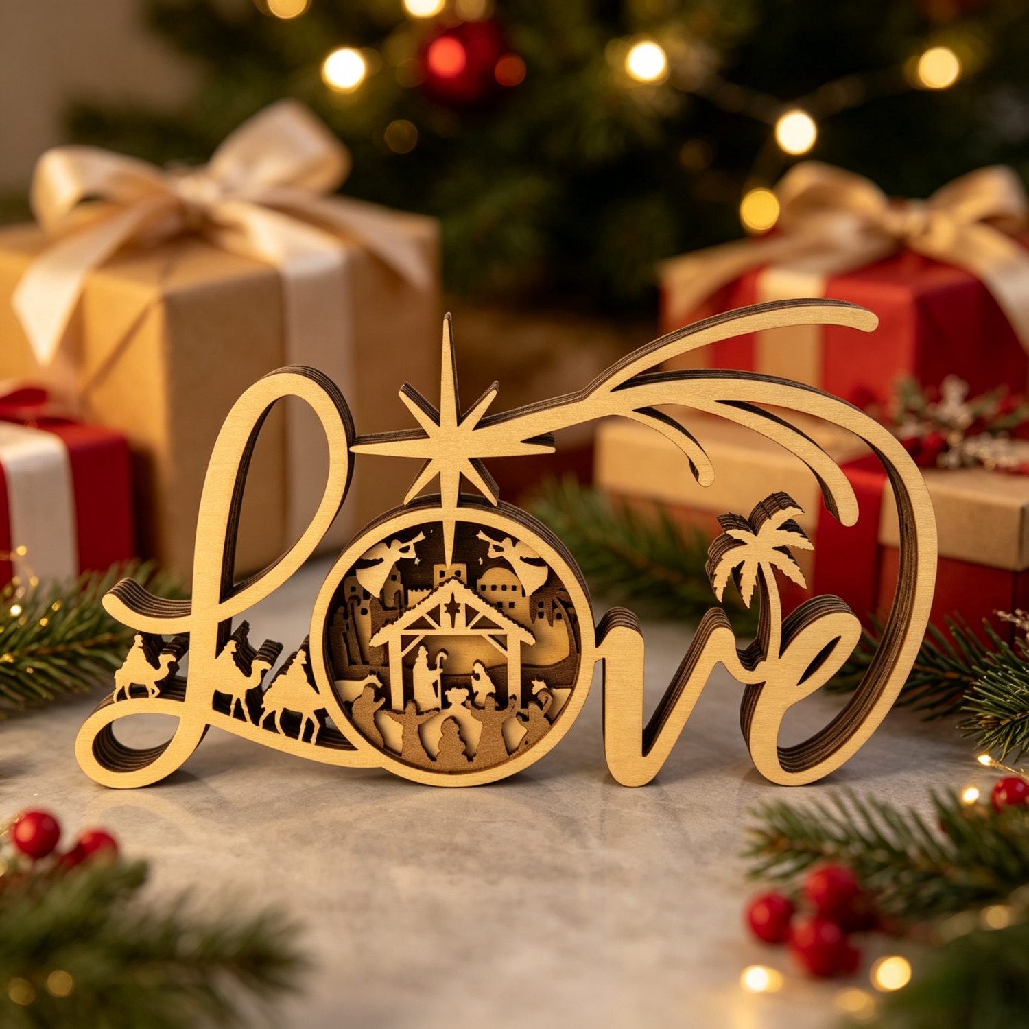 TEMU 3d 6-layer Laser Cut Wood Love Cursive Letter Collectible Figurines, Vintage Hollow Carved Nativity Art Sign, Religious Christmas Table Display,