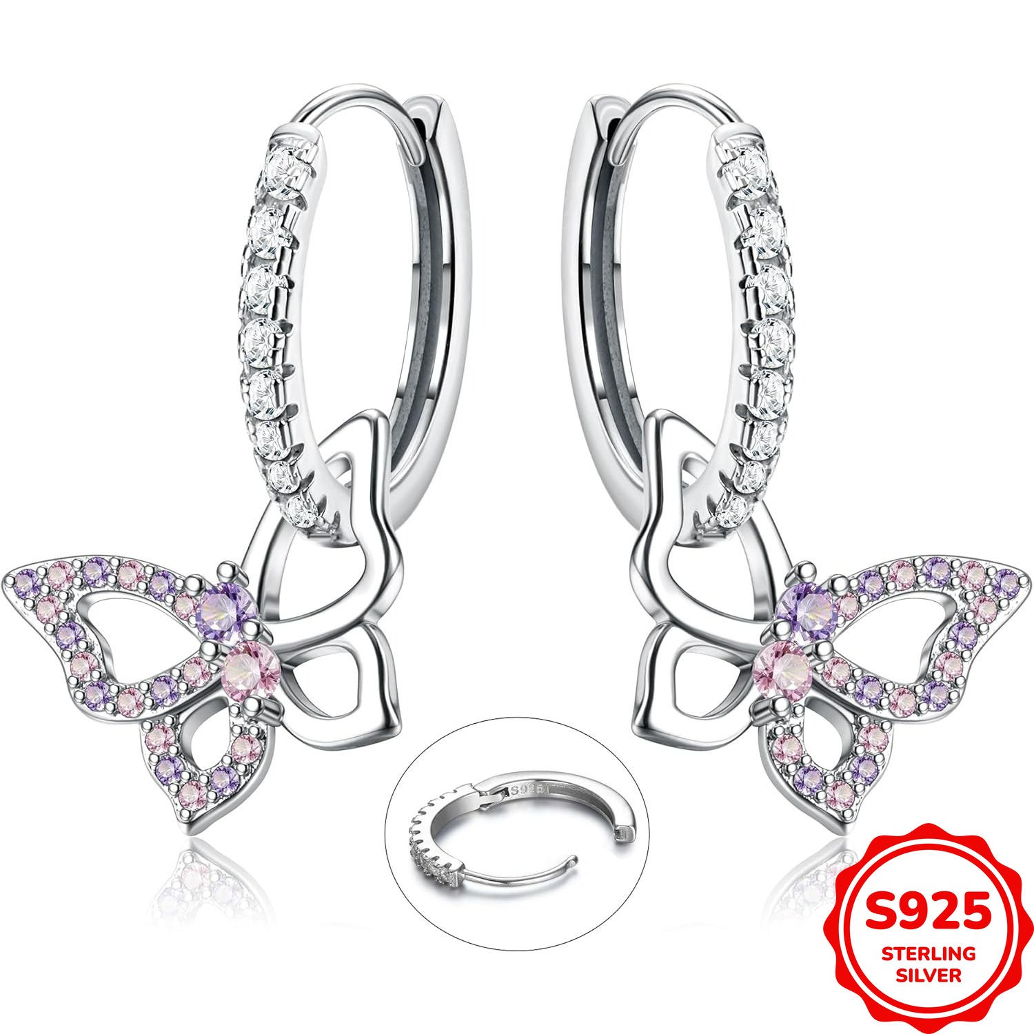 Image of 1pair 925 Sterling 925 Sterling Dangle Hoop Earrings Colorful Sparkling Heart Charm Small Drop Earrings Hypoallergenic Huggie Hoop Earring For Women 2.2g/0.08oz