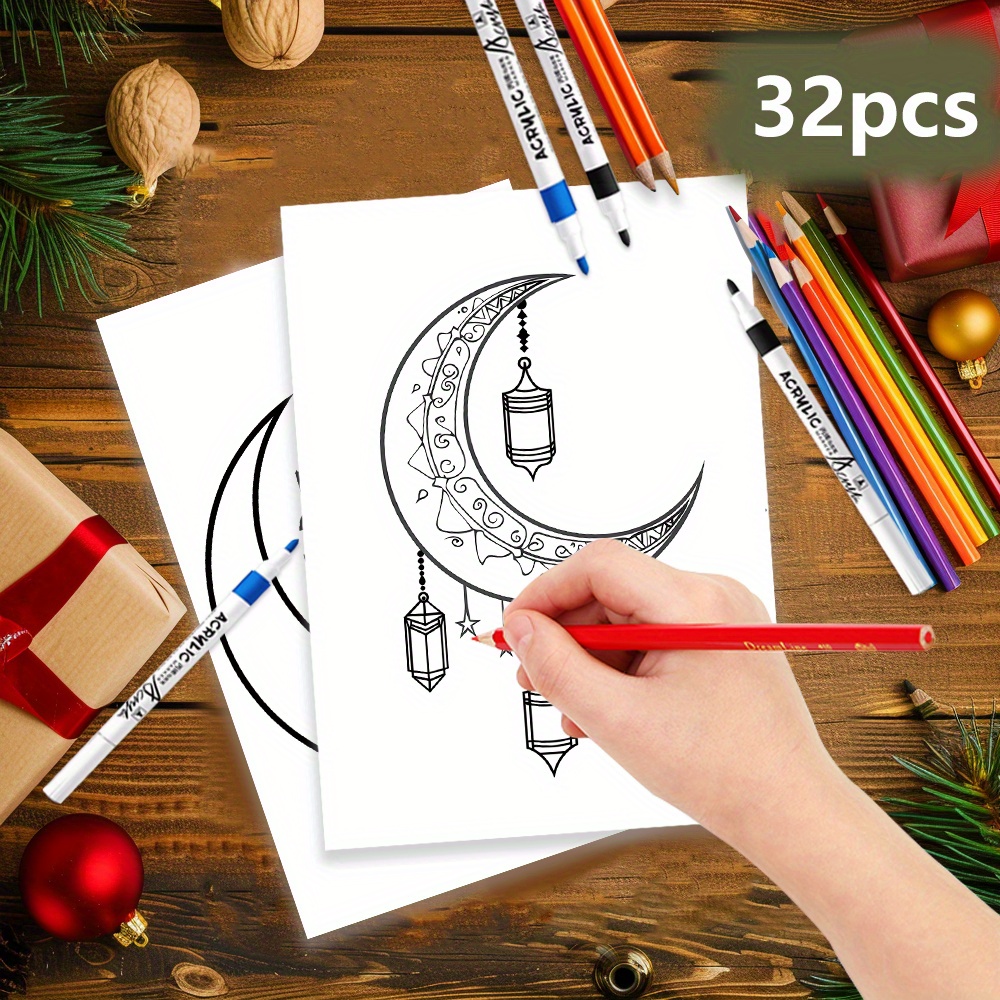 

32pcs, Eid Doodle Colouring Cards, 32 Different Patterns, Diy Colouring Cards, Suitable For Eid In Creative Painting Colouring Cards, Eid, Moon, Stars, Lanterns Family And Party Activities