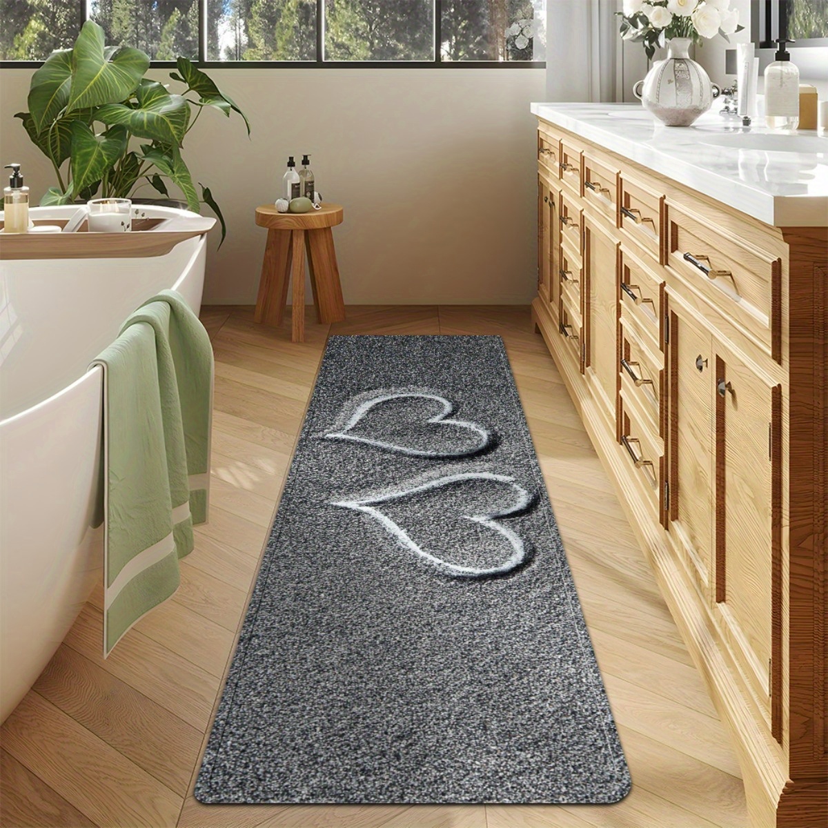 Image of 1pc Gray Sand Face With 2 White , Pattern Running Carpet, Long Carpet, Bathroom Mat, Non-slip Running Carpet, Floor Mat Next To The Bed, The Sofa, Kitchen Carpet, Washable Indoor Decoration Carpet