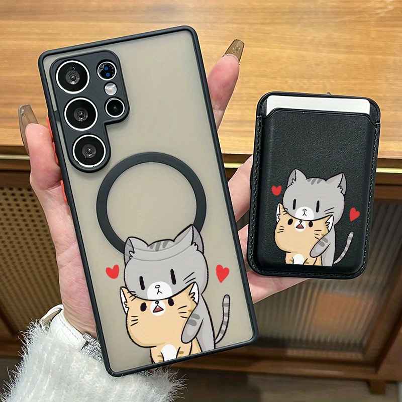 TEMU Phone Case: 2pcs Set Creative Cartoon Cat Pattern Magnetic Phone Case & Fashionable Luxury Artificial Leather Magnetic Property Multi-functional