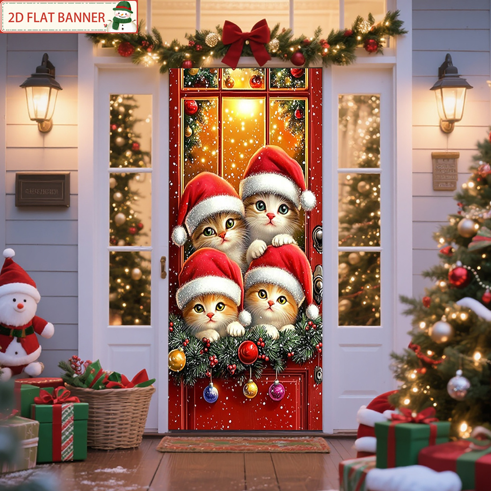 TEMU 2d Flat, 2d Door Banner, 1pc 2d Flat 4 Cute Kittens Door Cover Decoration Background - Door Frame With Elastic Straps, , Decorative Door Curtain