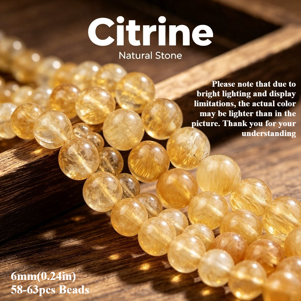 TEMU Perles de Citrine Jaune Clair en Naturelle - Citrine pour la Création de Bijoux DIY, Perles d'Espacement Rondes pour Bracelets, , Boucles