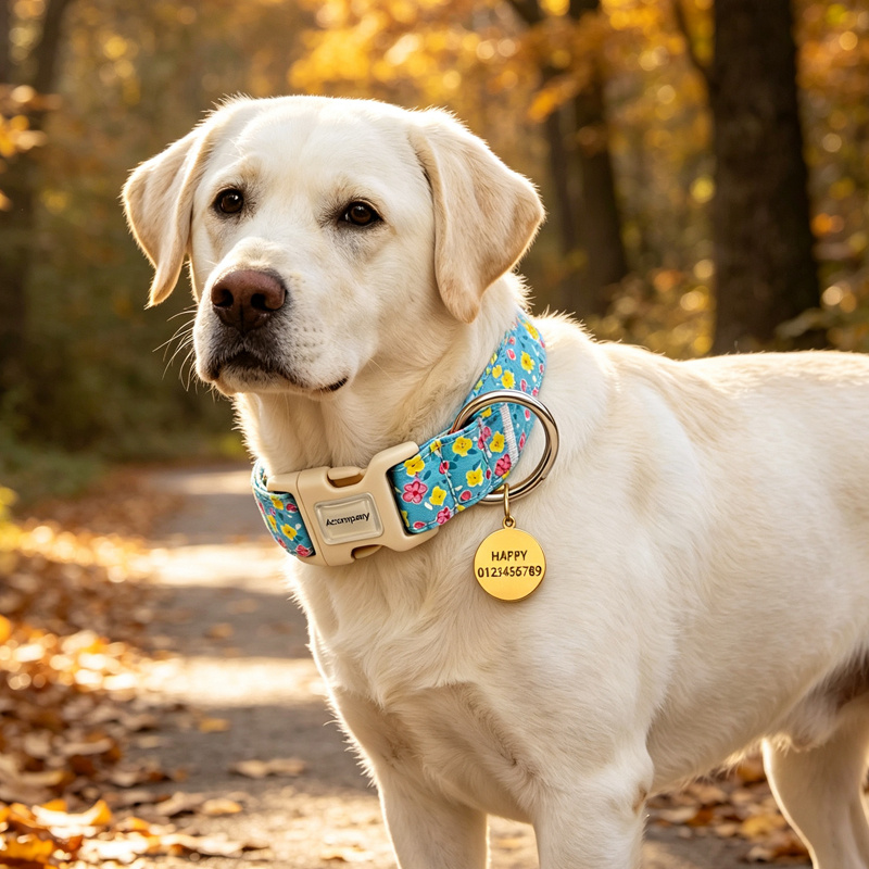 Blue Small Floral Pattern Customizable Dog Collar