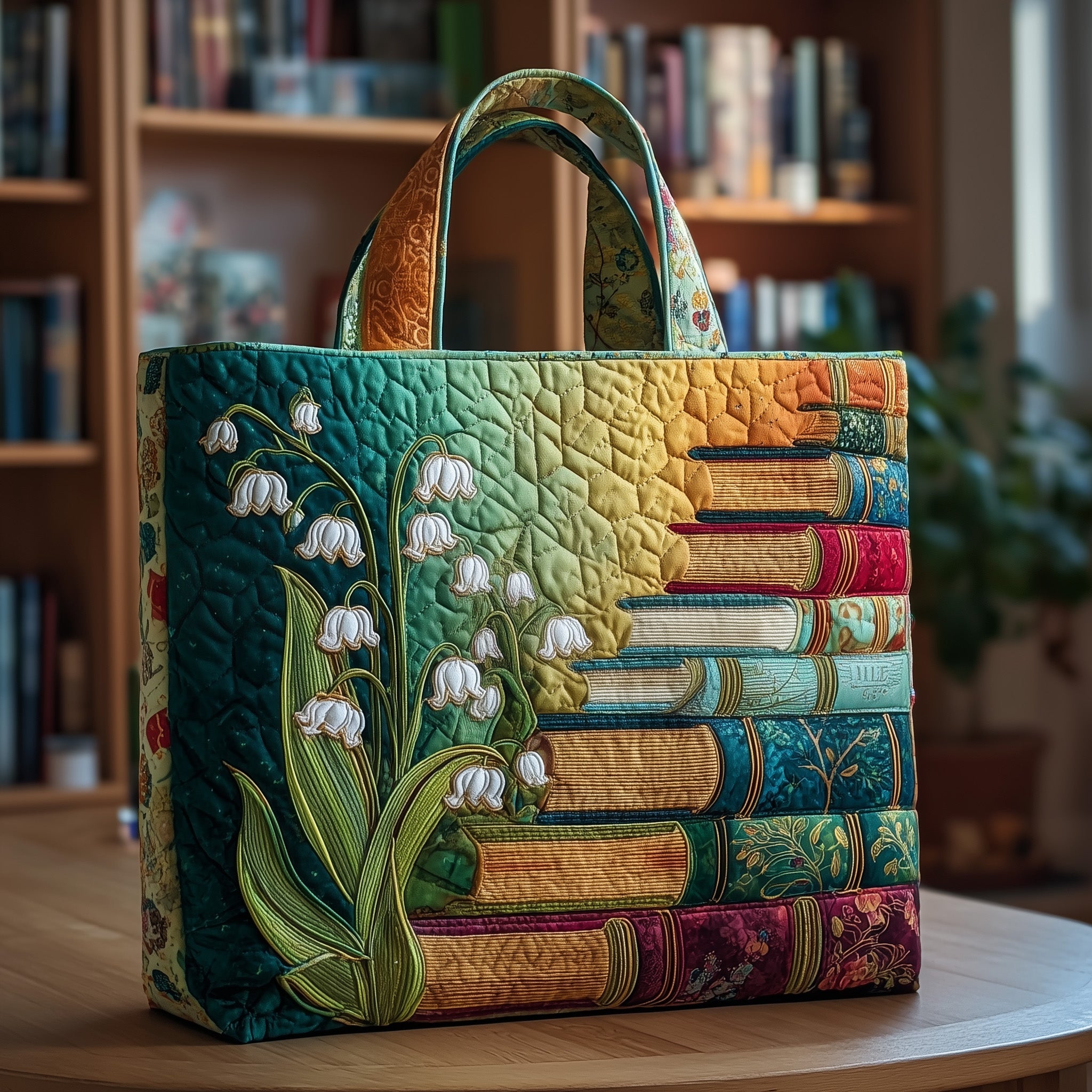 TEMU Large Quilted Tote Bag Suitable For Book Lovers Gift, Vintage Bookshelf With Quilted & Lily Of The Valley Print, Crossbody/shoulder Strap